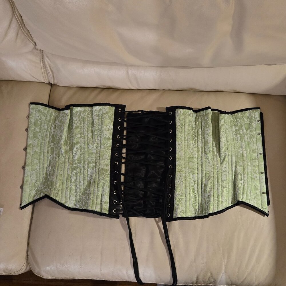 Orchard Corset CS-426 underbust longline lime green satin and white lace overlay
